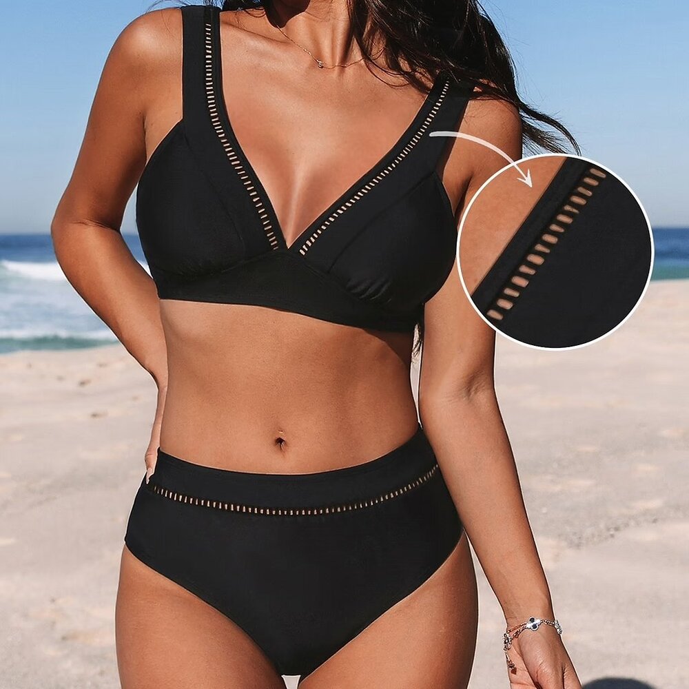 NWT Cupshe Black Ladder Trim Bikini Top & Standard Bottoms Set
